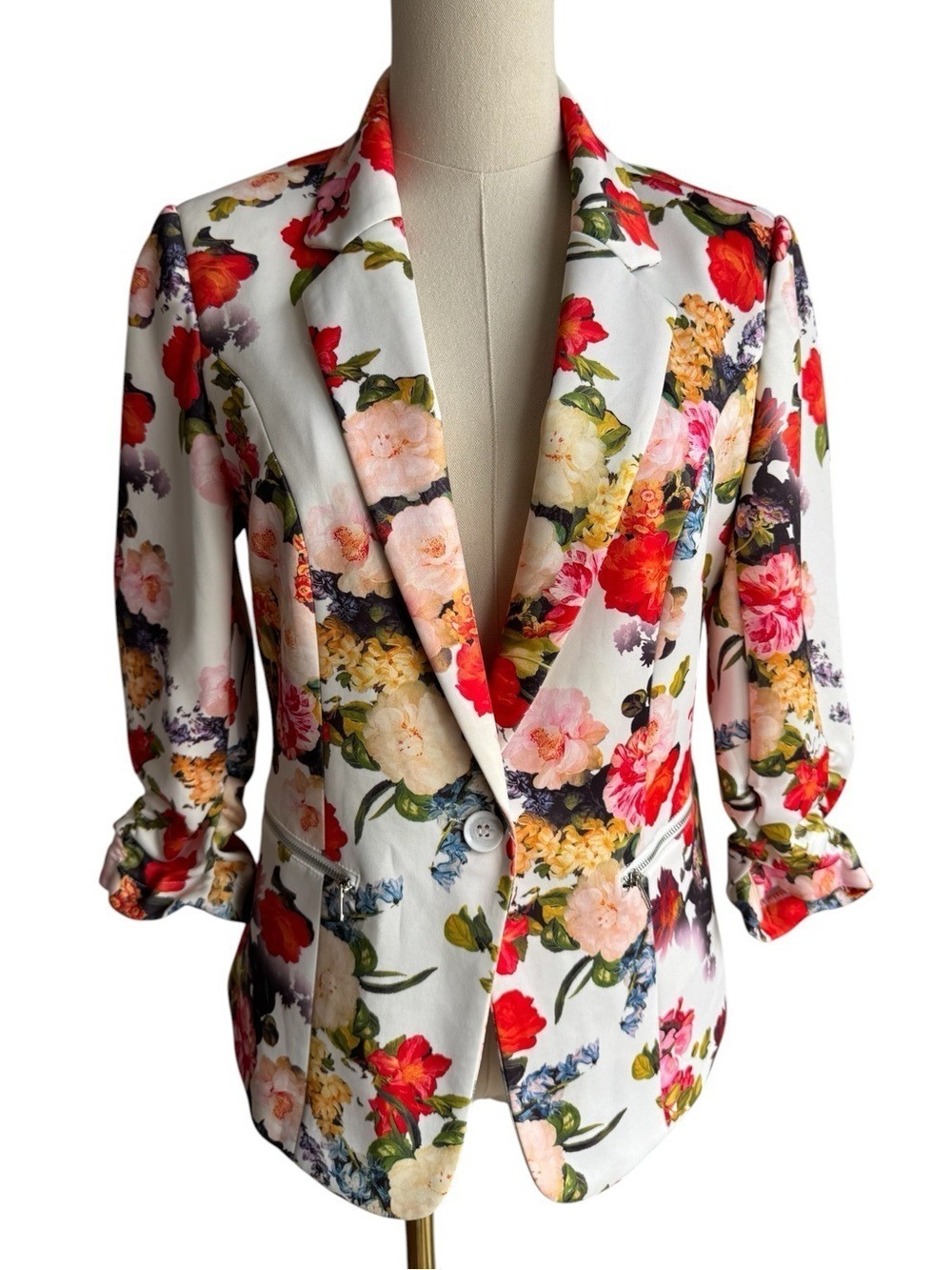 Fun Floral Print Statement Blazer Sz M Multicolour 3/4 Sleeve Spring Jacket Bold